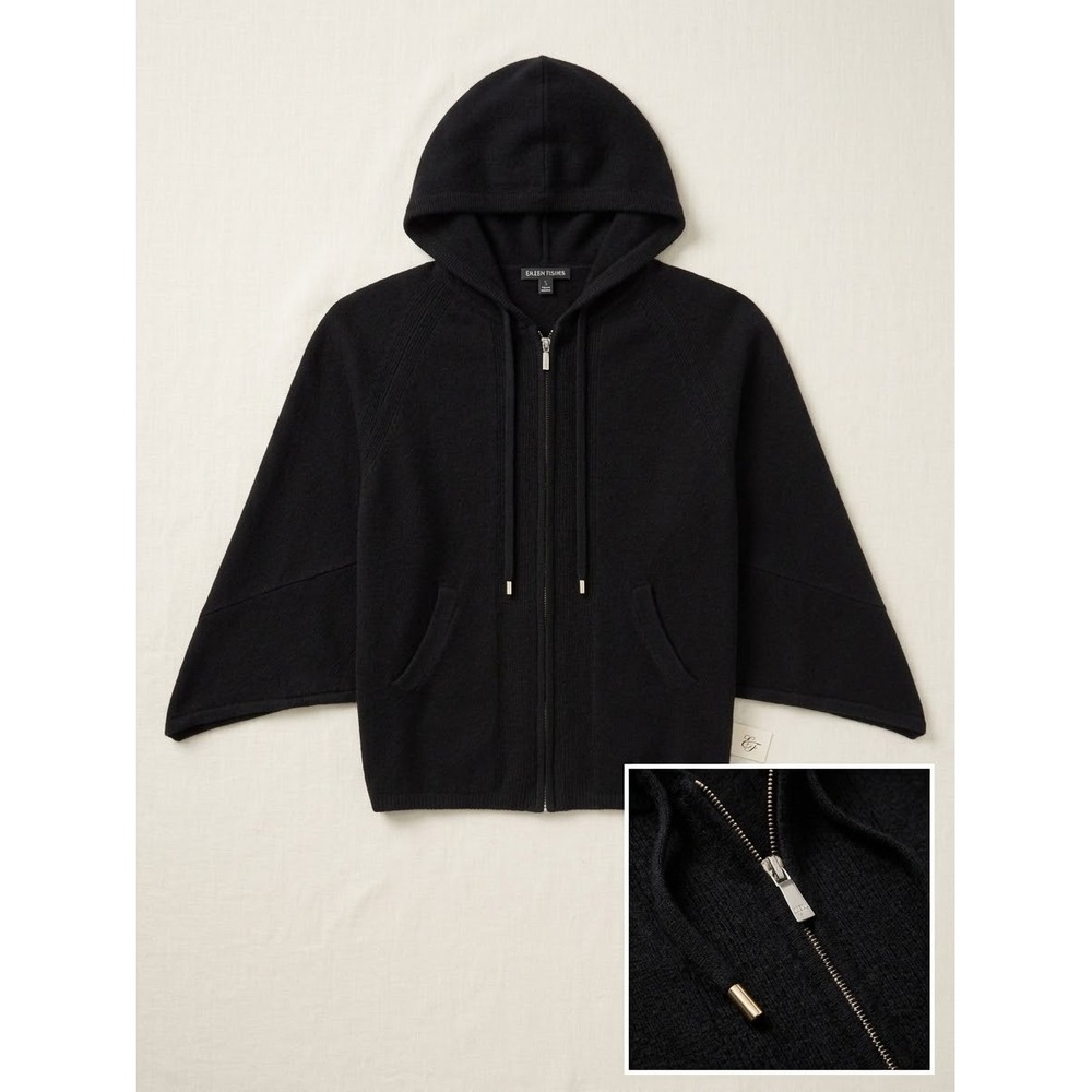 Neiman Marcus 100% Cashmere Black Zip Up Hoodie Kimono Sleeve Sweater Womens Med